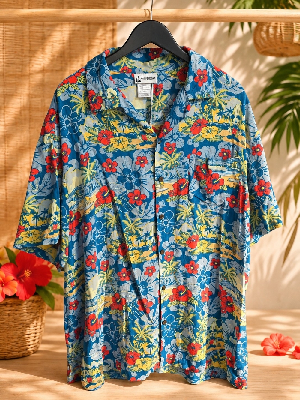 Vintage Disney Blue Floral Hawaiian Button-Down Shirt with Surfing Mickey